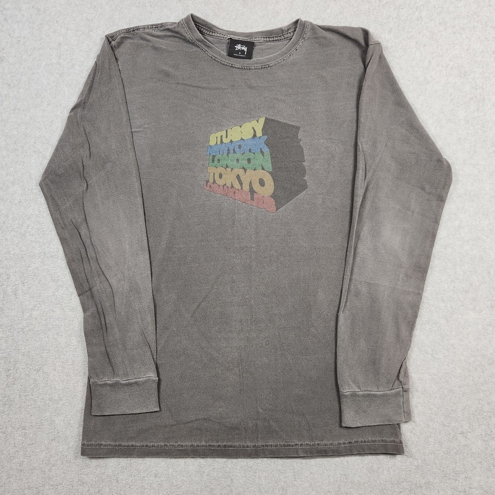 Stussy Shirt Mens Small Gray Pigment Dyed Stacked Graphic Long Sleeve Streetwear
